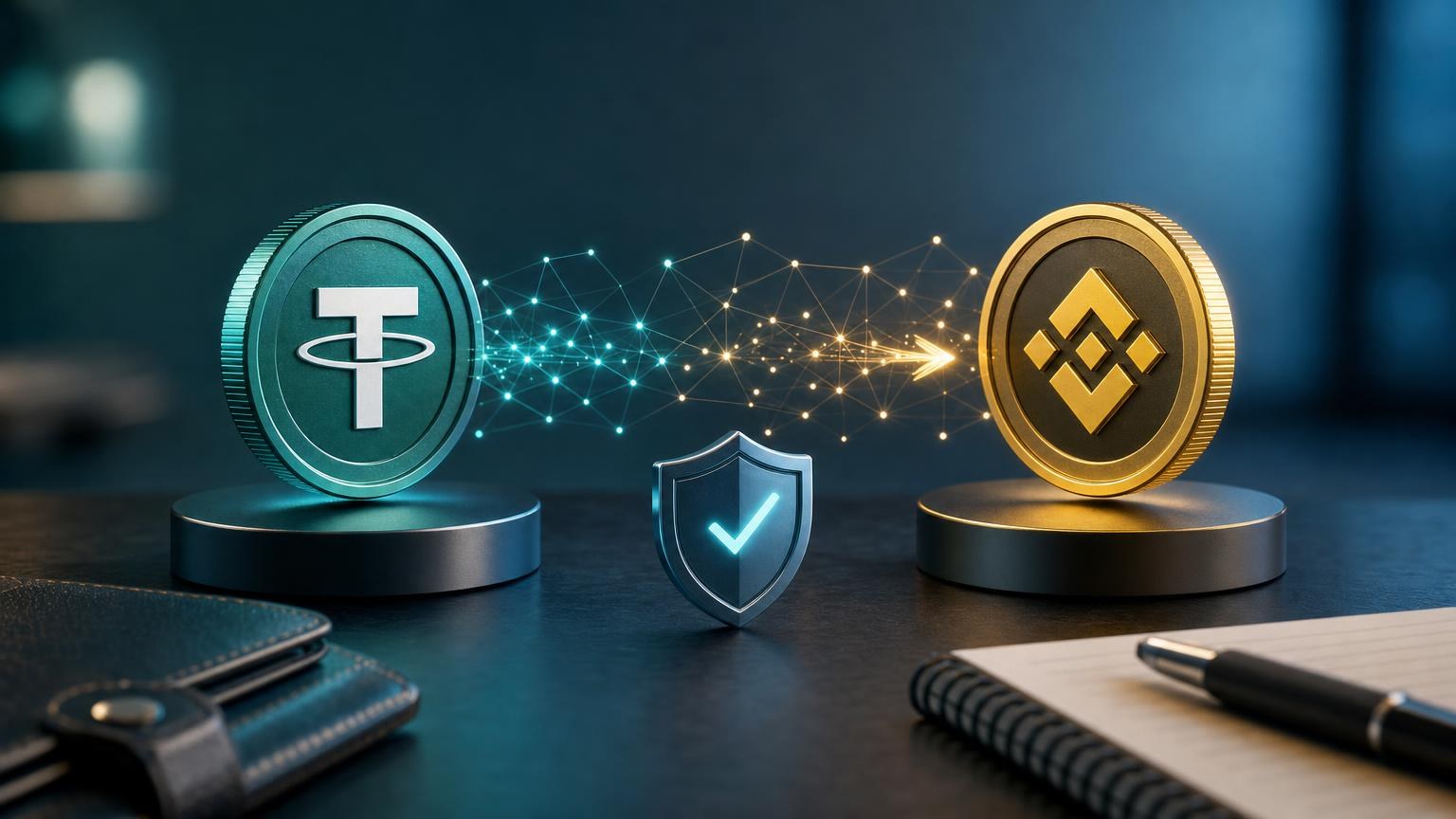 USDT-to-BNB exchange screen with input and payout networks, wallet address, transaction details, and a two-pass safety checklist
